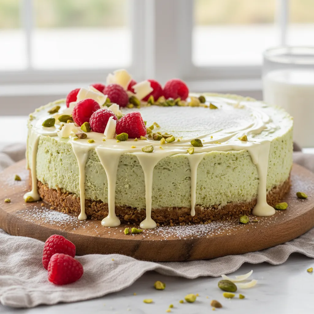 Creamy Pistachio Cheesecake with White Chocolate and Raspberries (No Bake) - photo 1