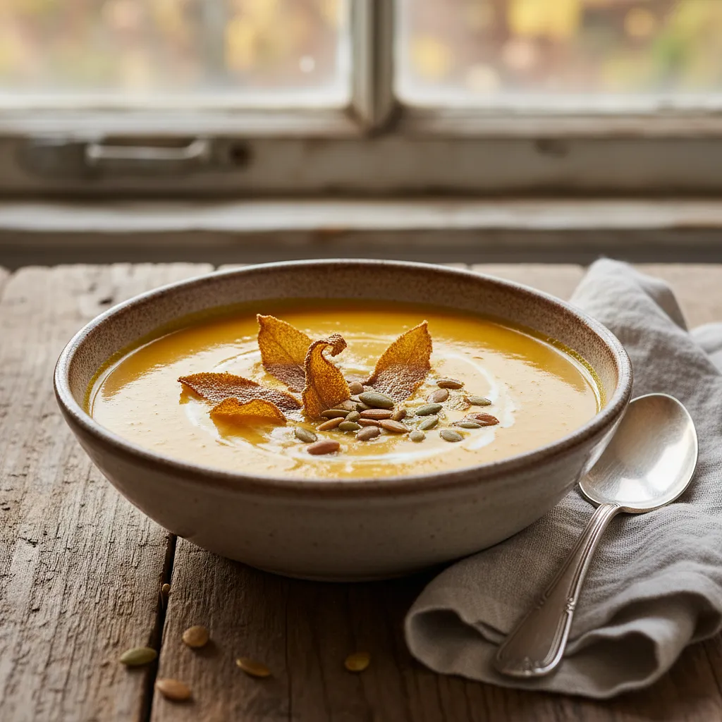 Velvety roasted pumpkin cream with crispy sage chips and toasted seeds - photo 1