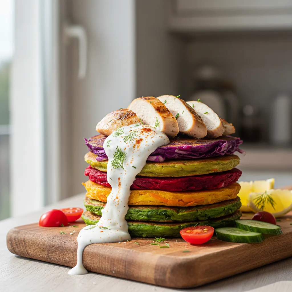 Rainbow Vegetable Pancakes with Chicken and Yogurt Sauce - photo 1