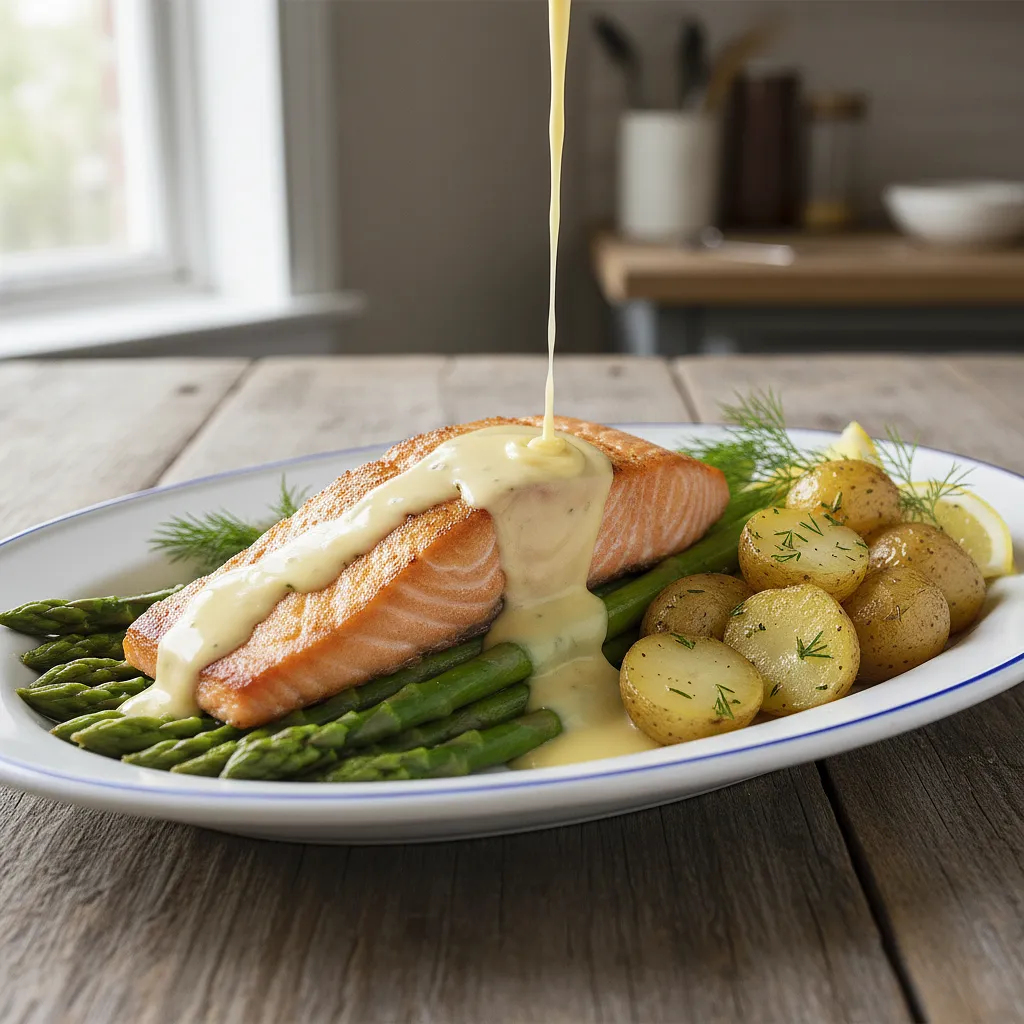 Baked salmon on an asparagus bed with hollandaise sauce and young potatoes - photo 1