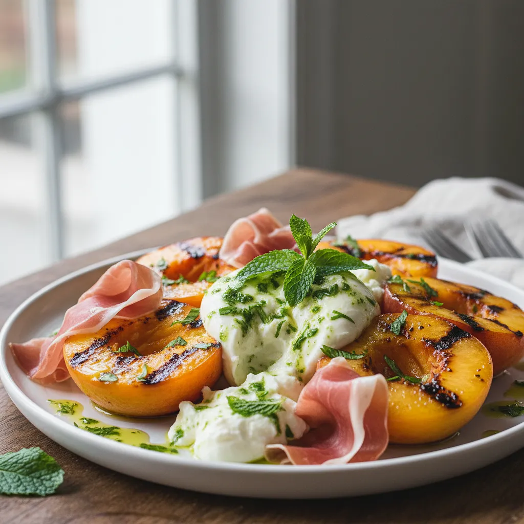 Grilled peaches with burrata, prosciutto, and mint vinaigrette - photo 1