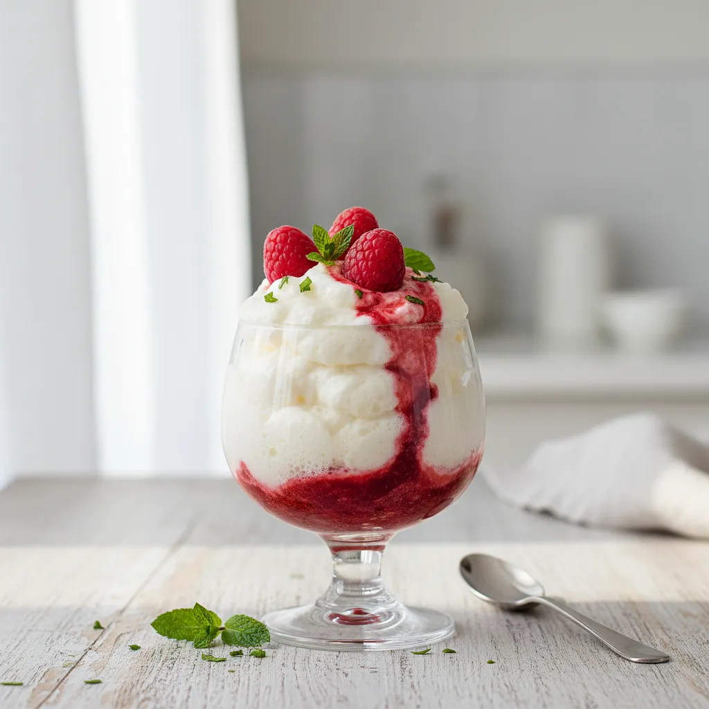 Light as a Cloud White Chocolate Mousse with Raspberry Sauce and a Hint of Mint - photo 1