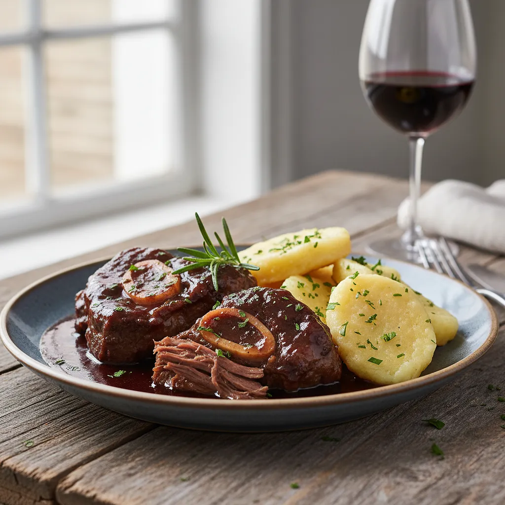 Wolno duszone policzki wołowe w czerwonym winie z knedlikami ziemniaczanymi - photo 1