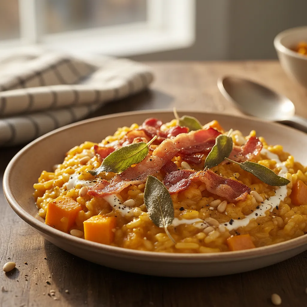 Kremowe risotto dyniowe z chrupiącym boczkiem i szałwią - zdjęcie 1