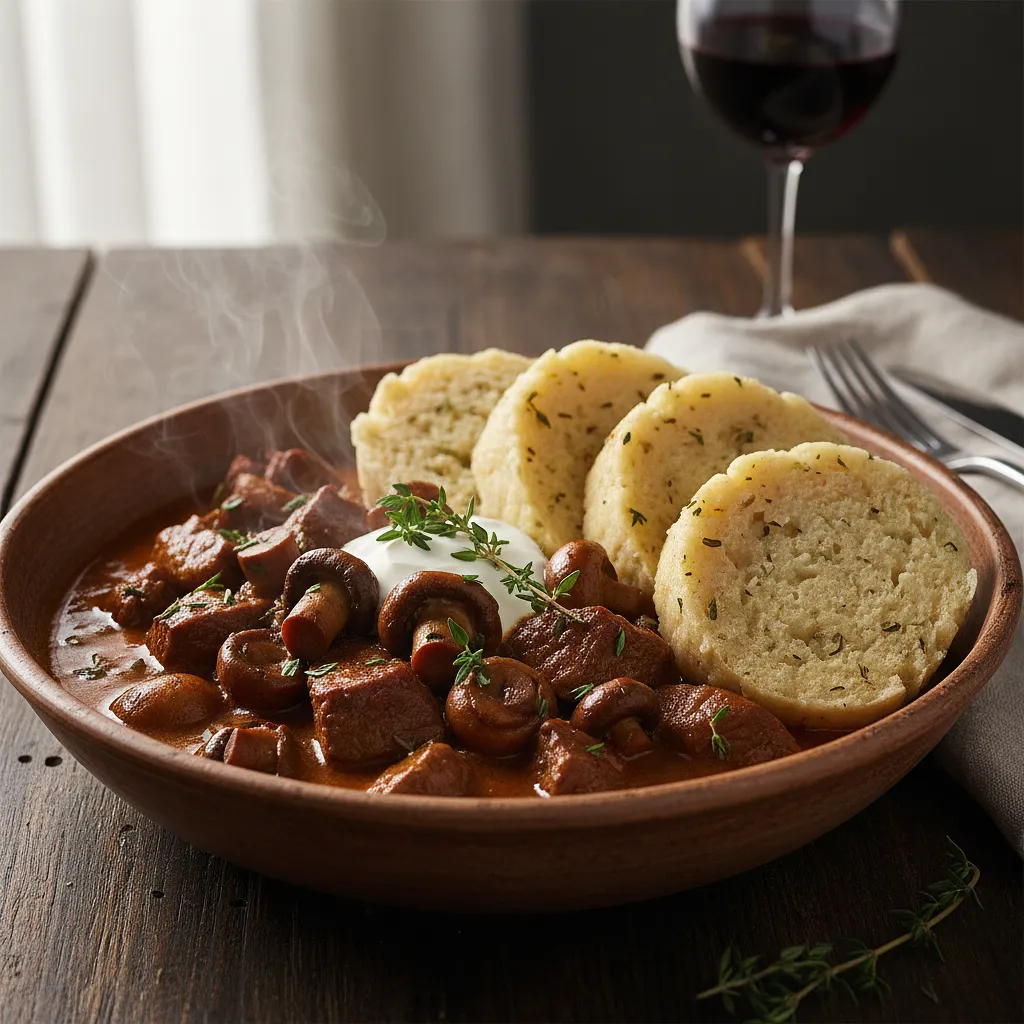 Jelení guláš s houbami a karlovarským knedlíkem - zdjęcie 1