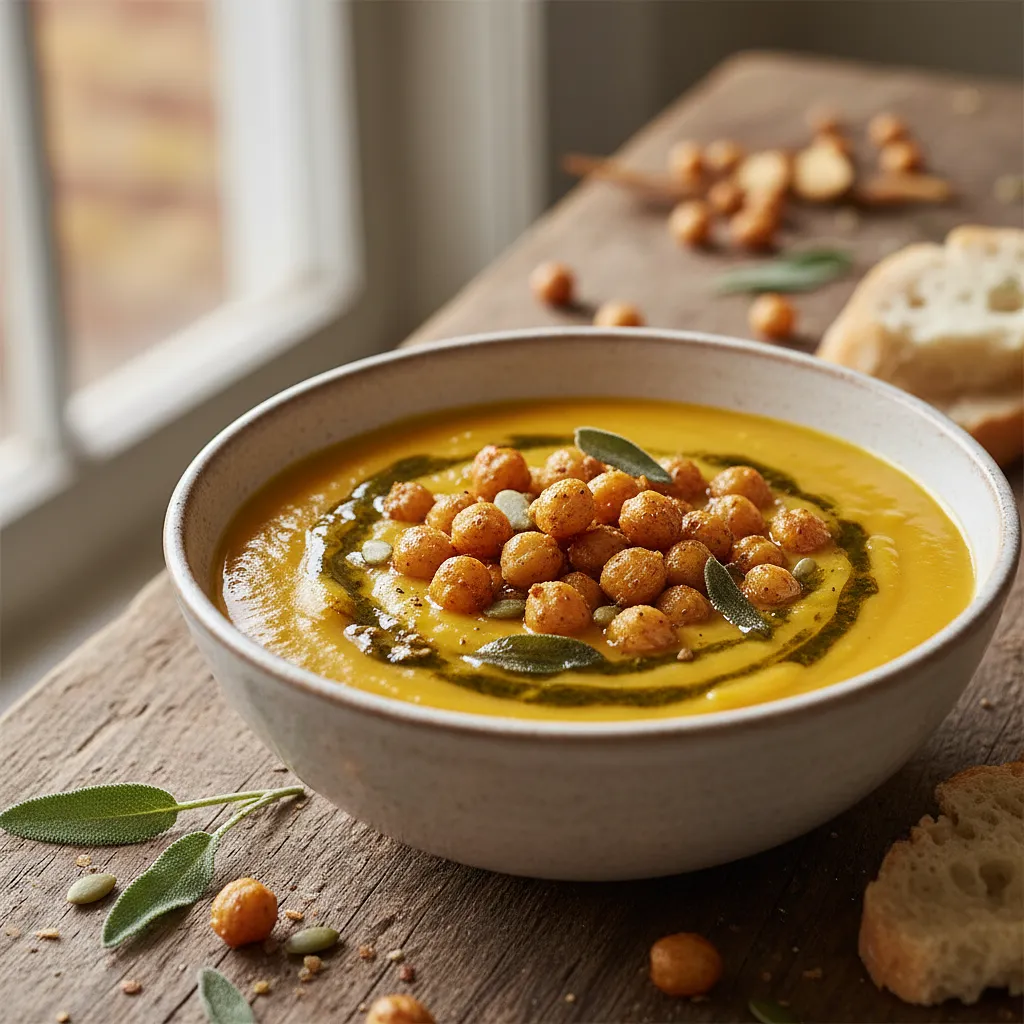 Krem z pieczonej dyni i marchewki z chrupiącą ciecierzycą i olejem szałwiowym - photo 1