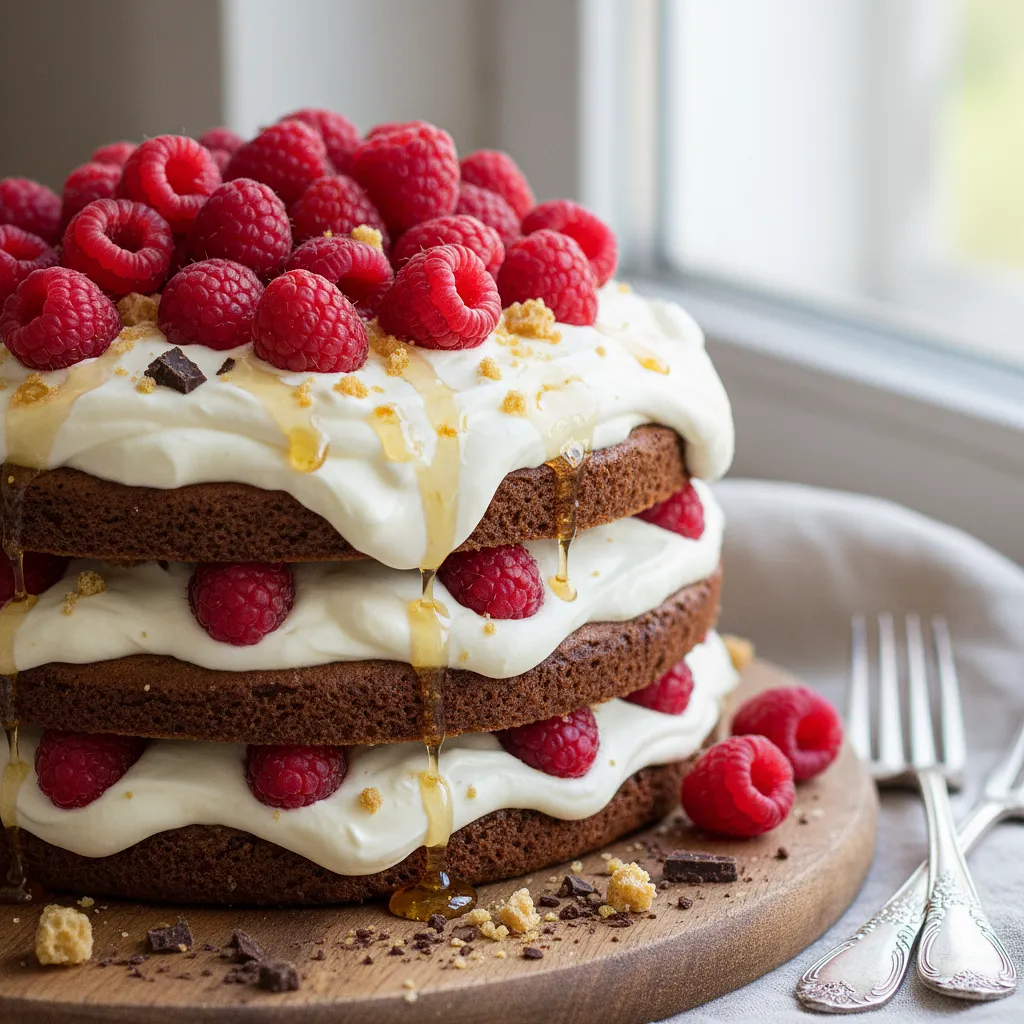 Chocolate-Honey Spartak Cake with White Chocolate Cream and Raspberries - photo 1