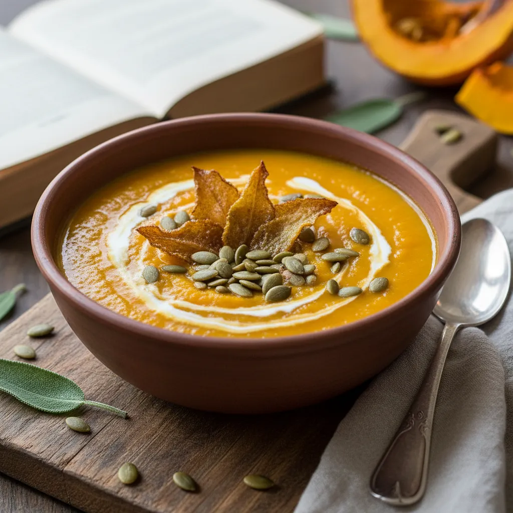 Creamy roasted pumpkin soup with sage chips and toasted seeds - photo 1