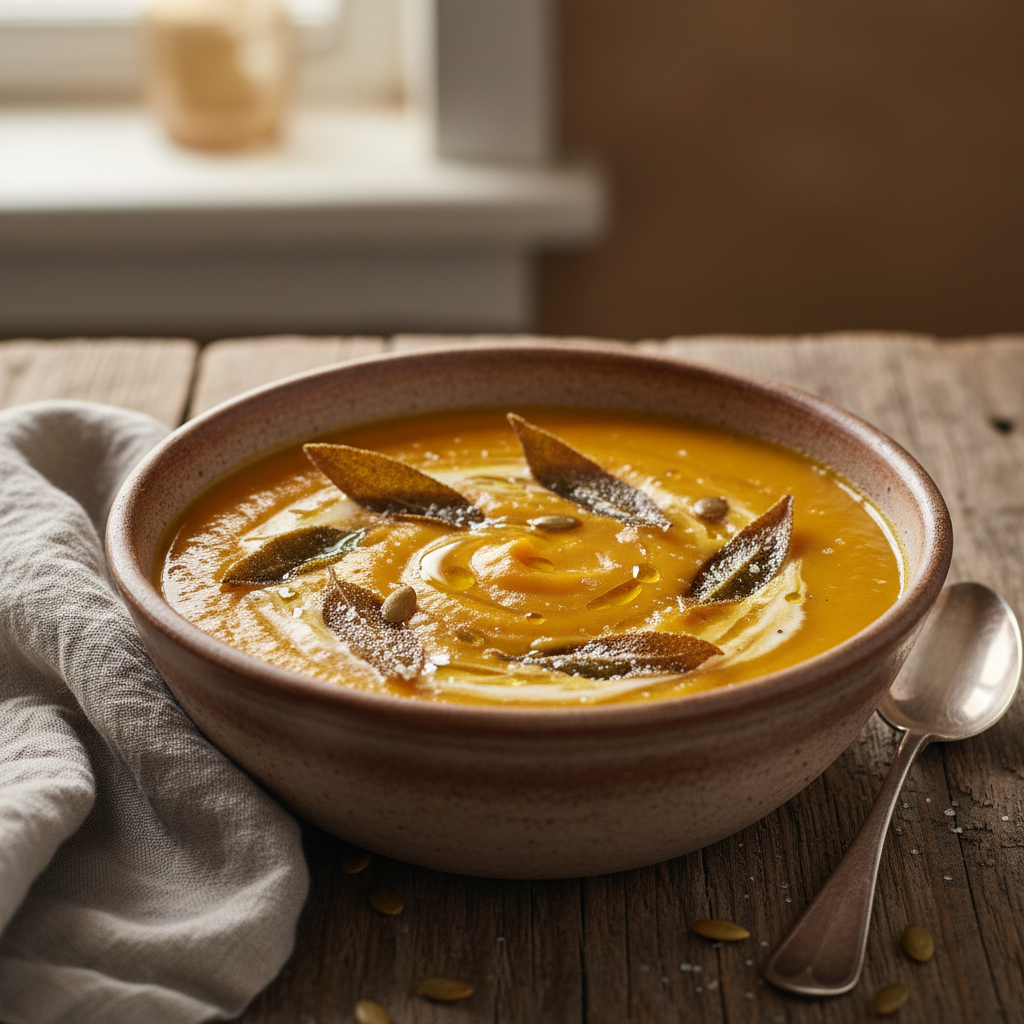 Aksamitny krem z pieczonej dyni z chrupiącym chipsem z szałwii - zdjęcie 1