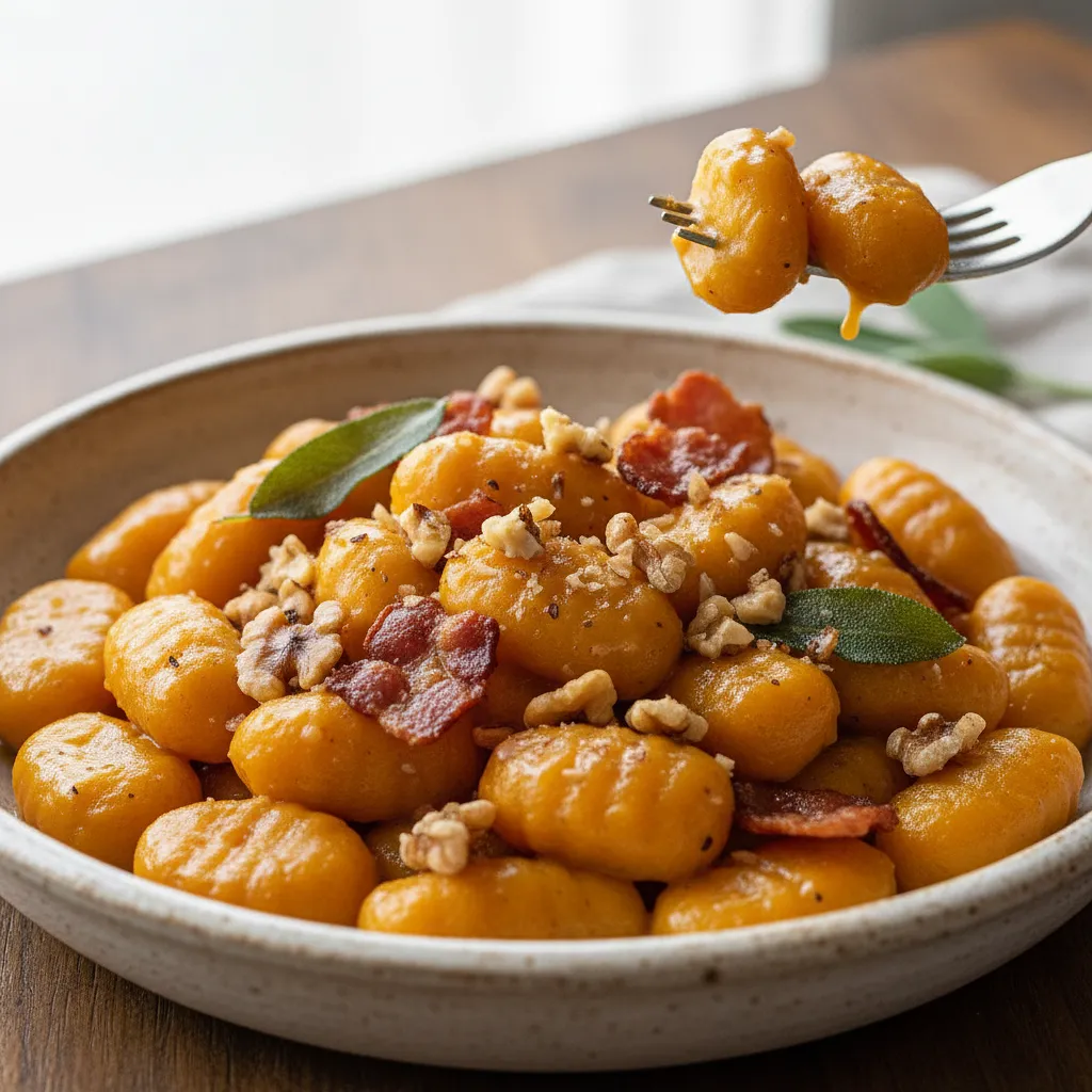 Kremowe Gnocchi Dyniowe w Sosie Szałwiowo-Maślanym z Orzechami Włoskimi i Chrupiącym Boczkiem - zdjęcie 1
