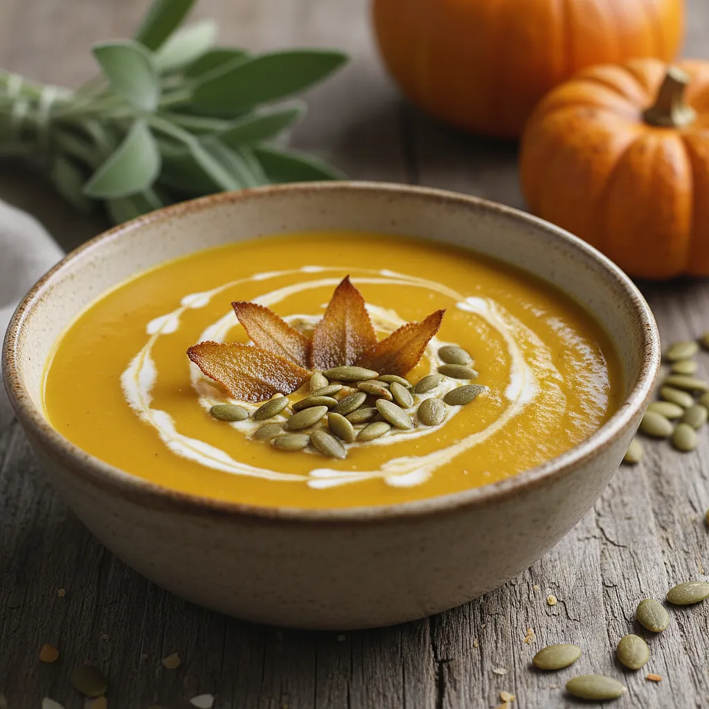 Aksamitny krem z pieczonej dyni z chipsem z szałwii i prażonymi pestkami - photo 1