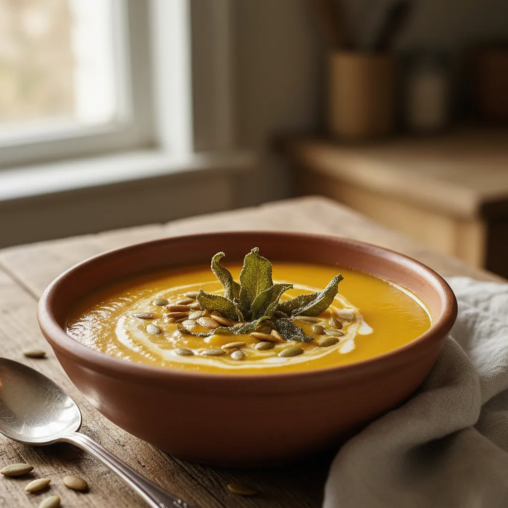Aksamitny krem z pieczonej dyni z chipsem z szałwii i prażonymi pestkami - zdjęcie 1