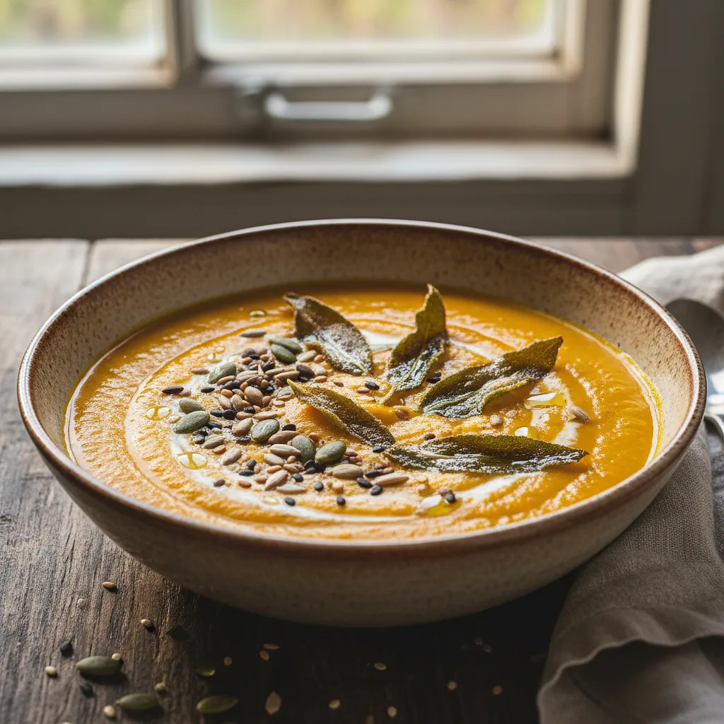 Aksamitny krem z pieczonej dyni z chipsem z szałwii i prażonymi pestkami - zdjęcie 1