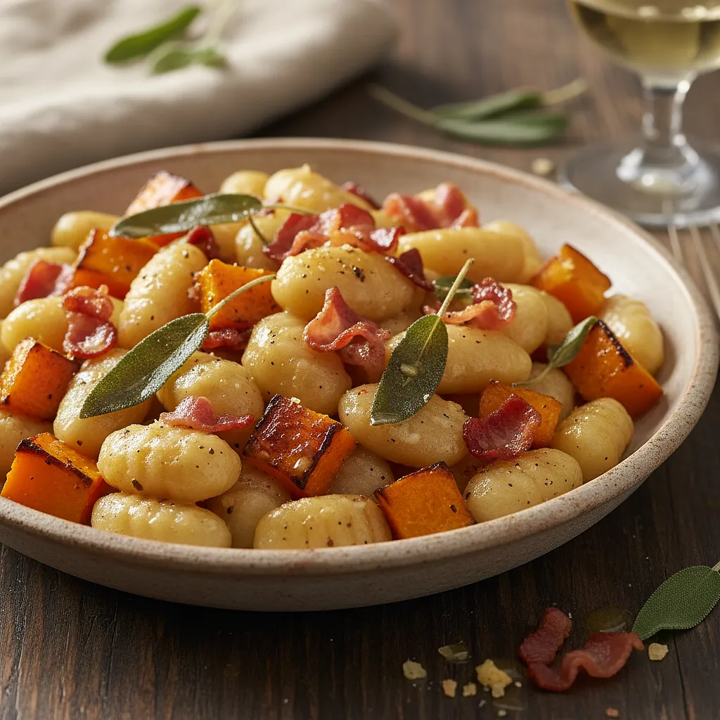 Kremowe gnocchi z palonym masłem szałwiowym, pieczoną dynią i chrupiącą pancettą - zdjęcie 1