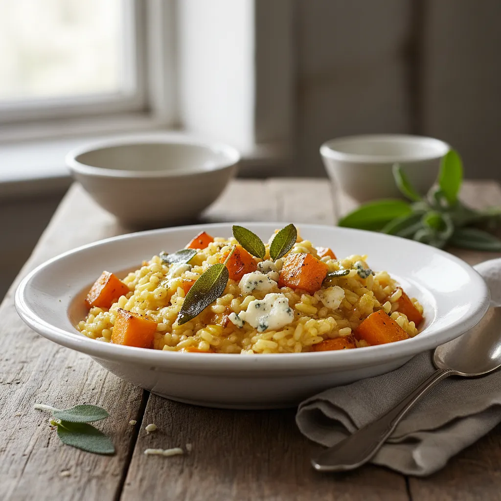 Creamy risotto with roasted pumpkin, sage, and gorgonzola cheese - photo 1