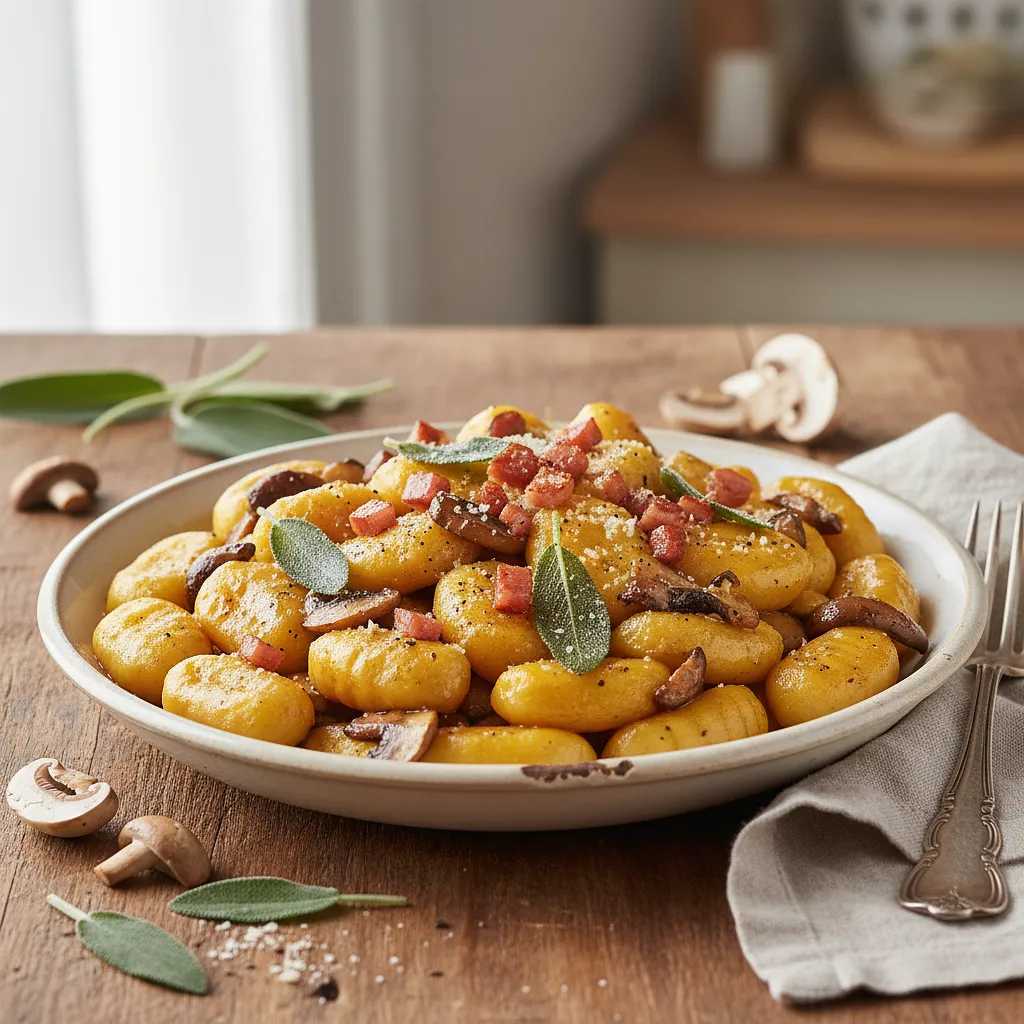 Kremowe Gnocchi Dyniowe z Szałwiowym Masłem, Grzybami Leśnymi i Chrupiącą Pancettą - photo 1