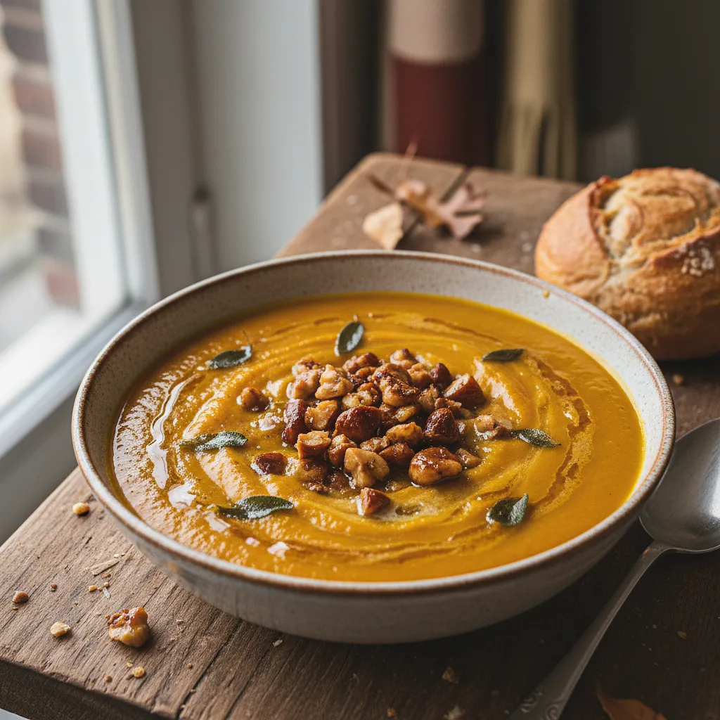 Kremowa zupa dyniowa z pieczonymi kasztanami i szałwiowym masłem - zdjęcie 1