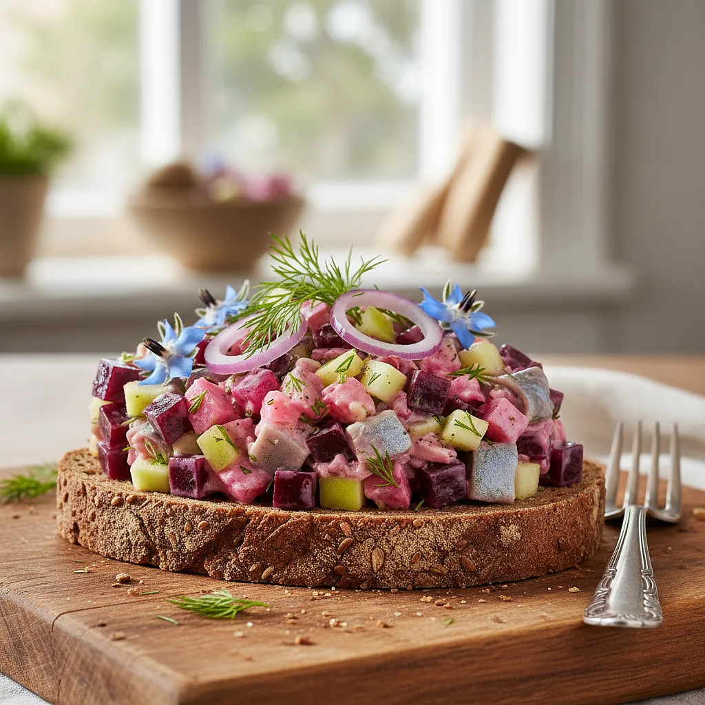 Tatar ze śledzia z burakiem i jabłkiem na pumperniklu - zdjęcie 1