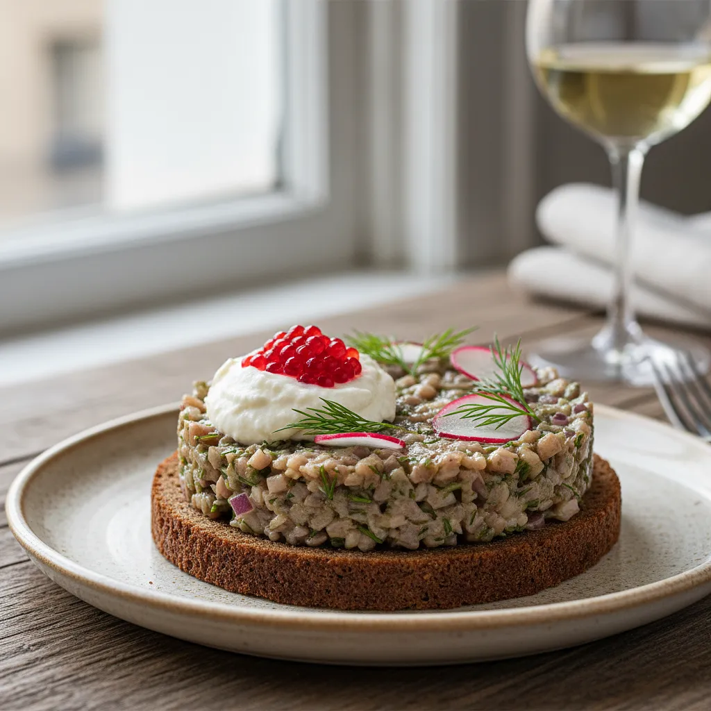 Tatar ze śledzia na pumperniklu z musem chrzanowym i kawiorem z buraka - zdjęcie 1