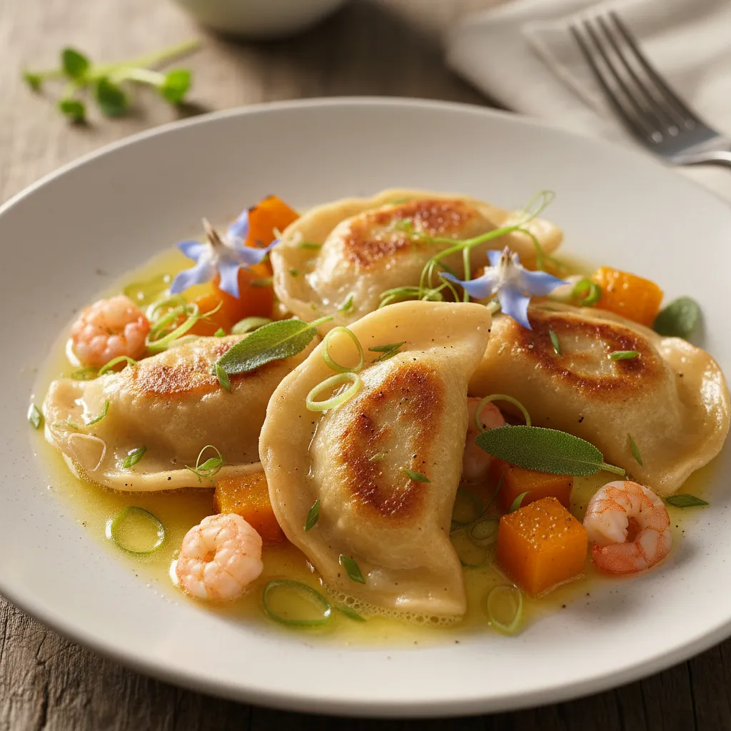 Pierogi Fusion z Dynią, Krewetkami i Trawą Cytrynową w Maśle Szałwiowym - photo 1