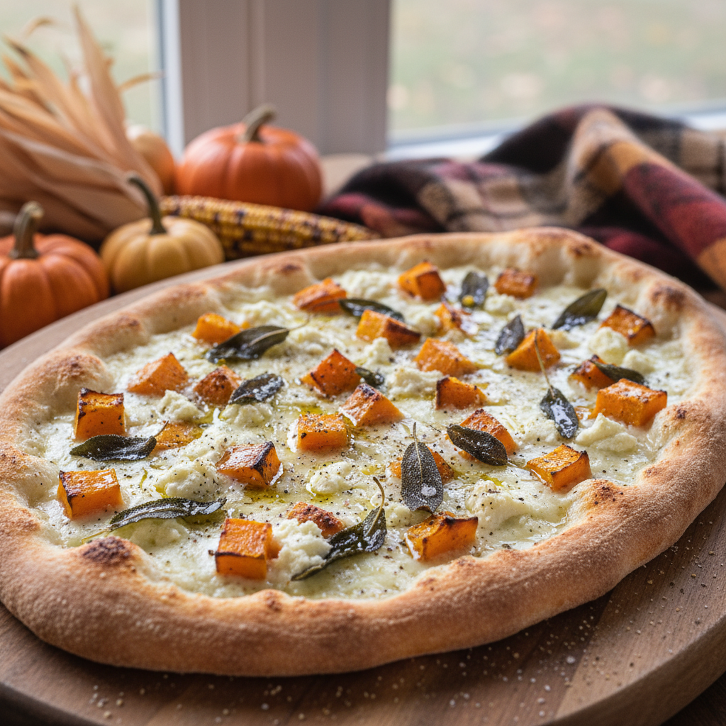 Jesienna Pizza Bianca z Pieczoną Dynią, Szałwią i Kozim Serem - zdjęcie 1