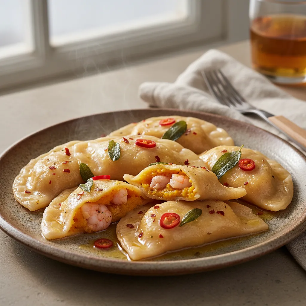 Pierogi Fusion z Dynią i Krewetkami w Maśle Szałwiowym z Nutą Chili - photo 1