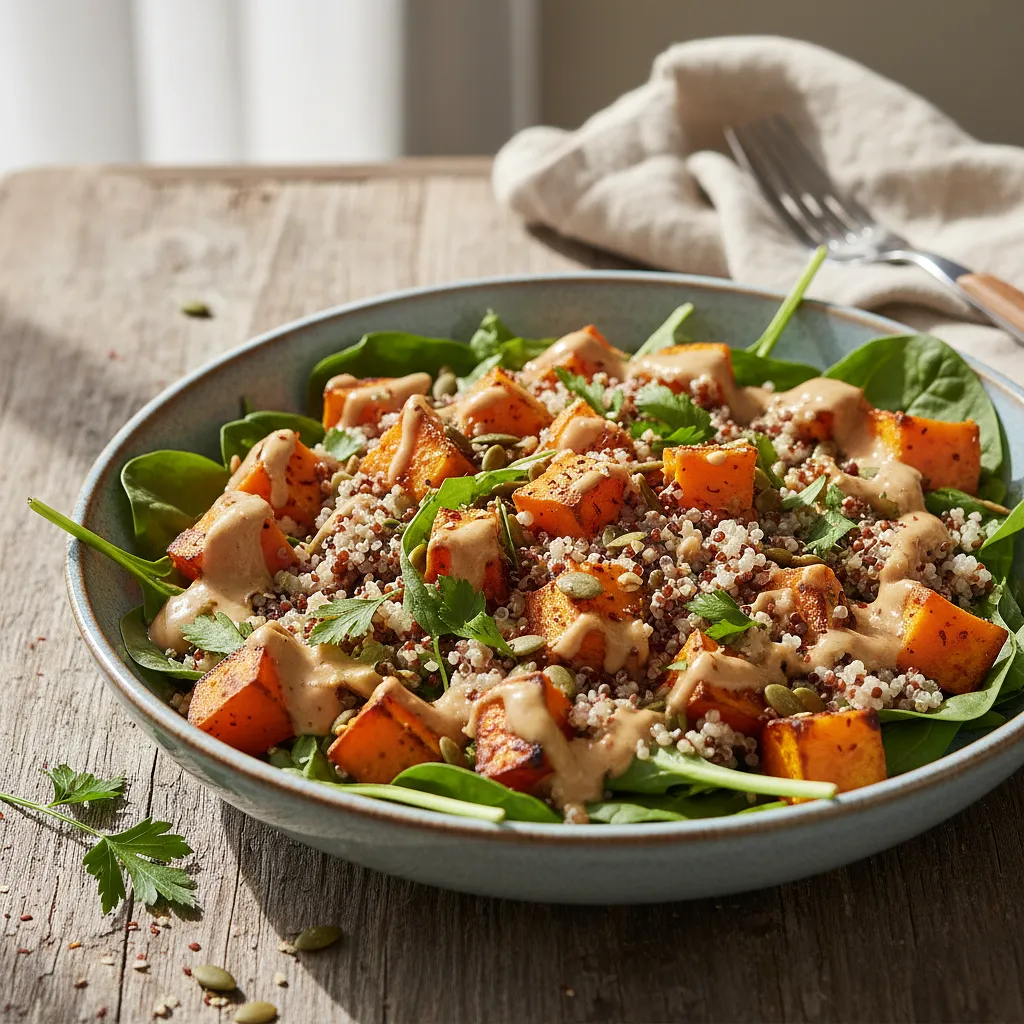 Hearty salad with roasted sweet potato, quinoa, and tahini dressing - photo 1