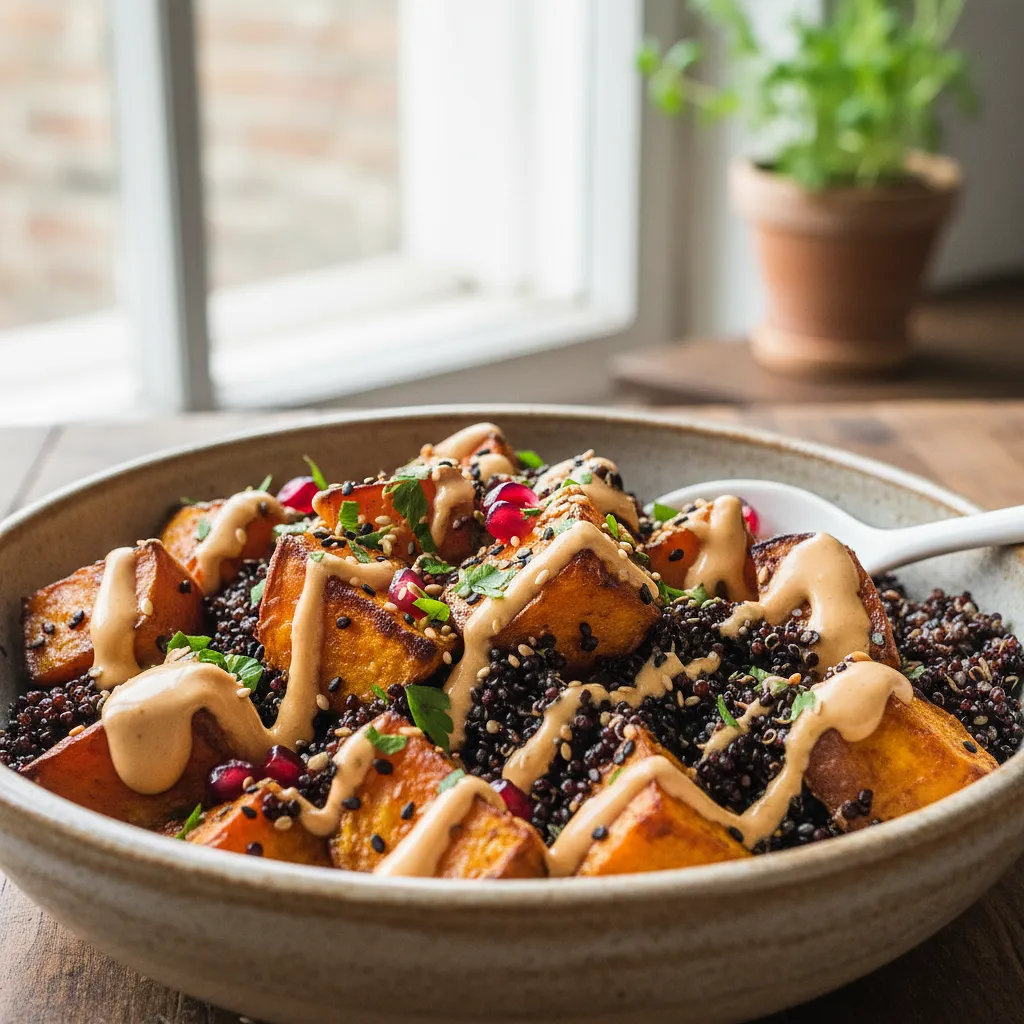 Bowl with roasted sweet potato, black quinoa, and tahini-orange sauce - photo 1