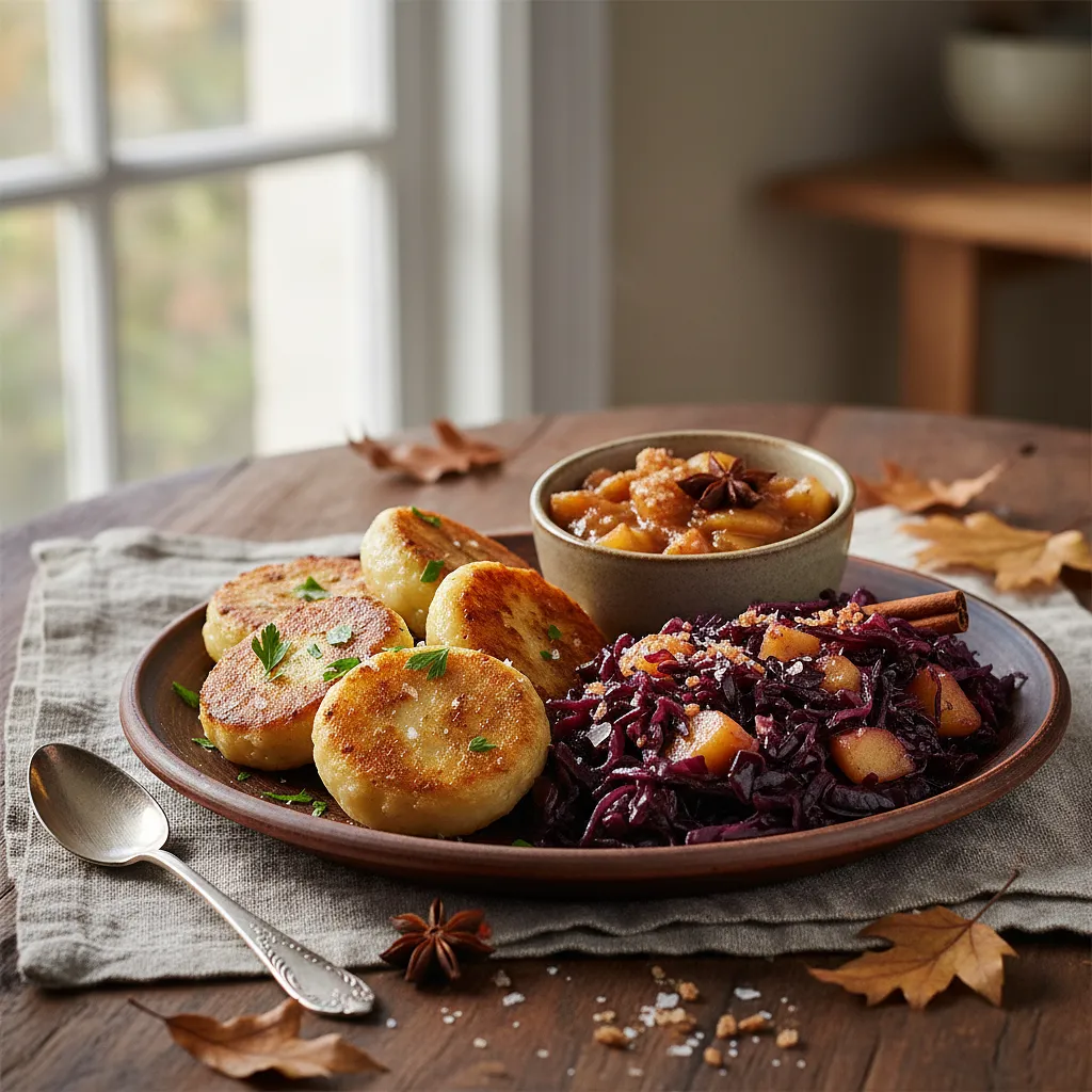 Autumn potato dumplings with red cabbage and apple stew - photo 1