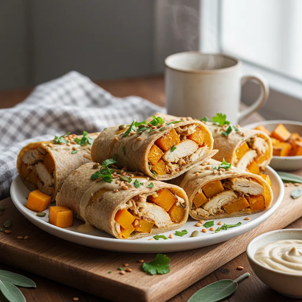 Autumn Wraps with Roasted Pumpkin, Honey Mustard Chicken, and Yogurt Tahini Sauce - photo 1