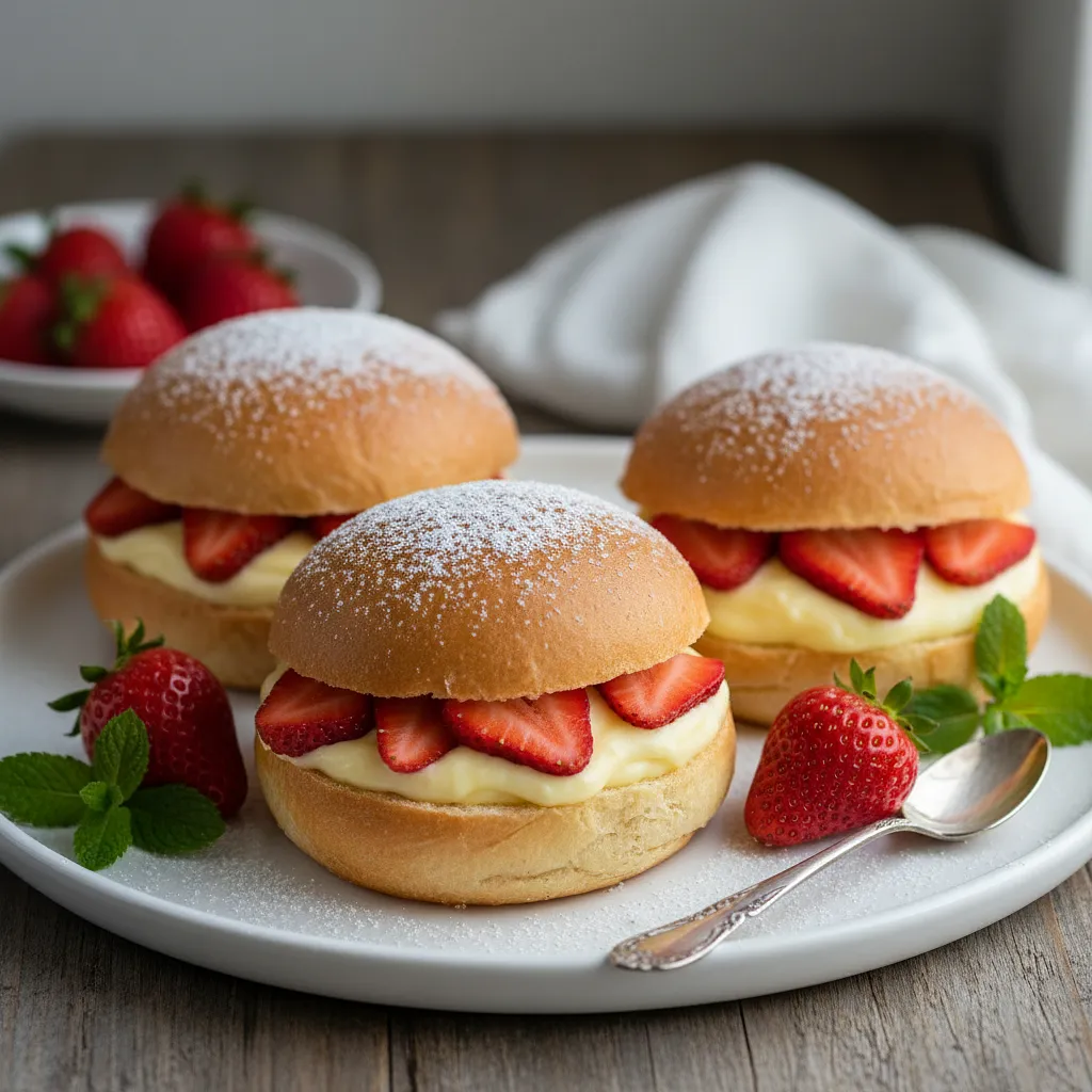 Fluffy Yeast Rolls with Vanilla Pudding and Fresh Strawberries - photo 1