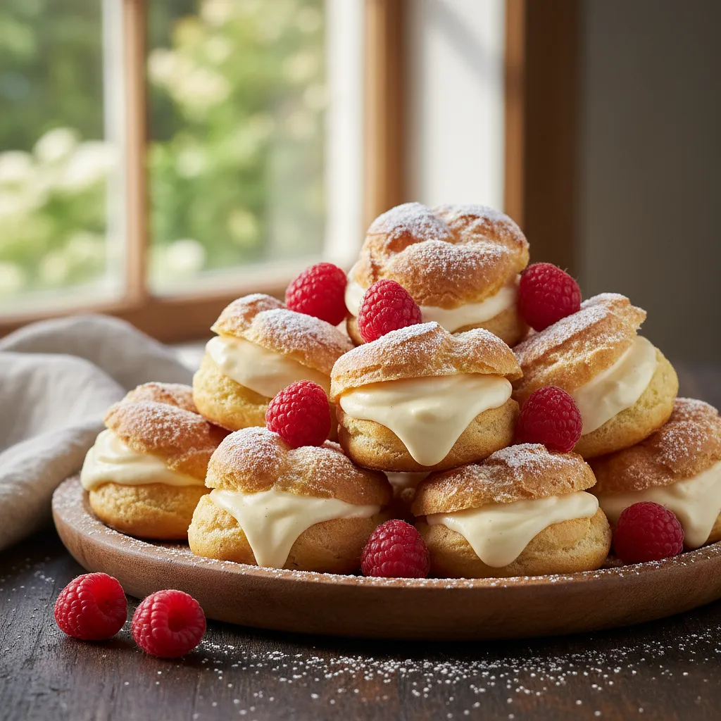 Fluffy Baked Choux Doughnuts with Vanilla Cream and Fresh Raspberries - photo 1