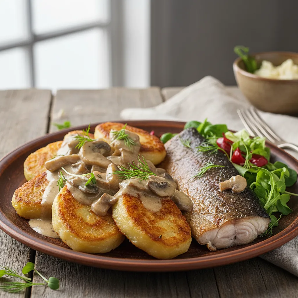 Kashubian Potato Dumplings with Mushroom Sauce and Smoked Trout - photo 1