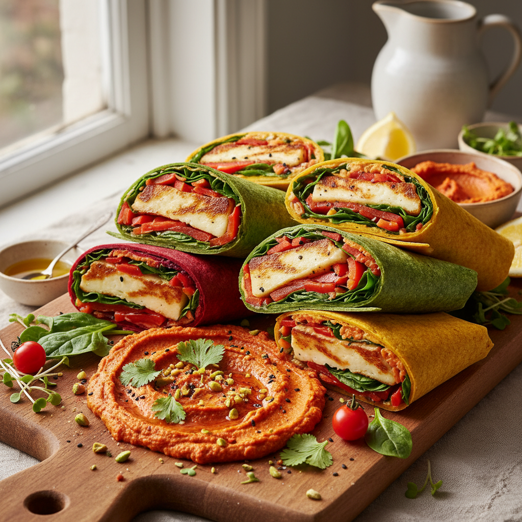 Colorful Wraps with Grilled Halloumi and Roasted Pepper Hummus - photo 1