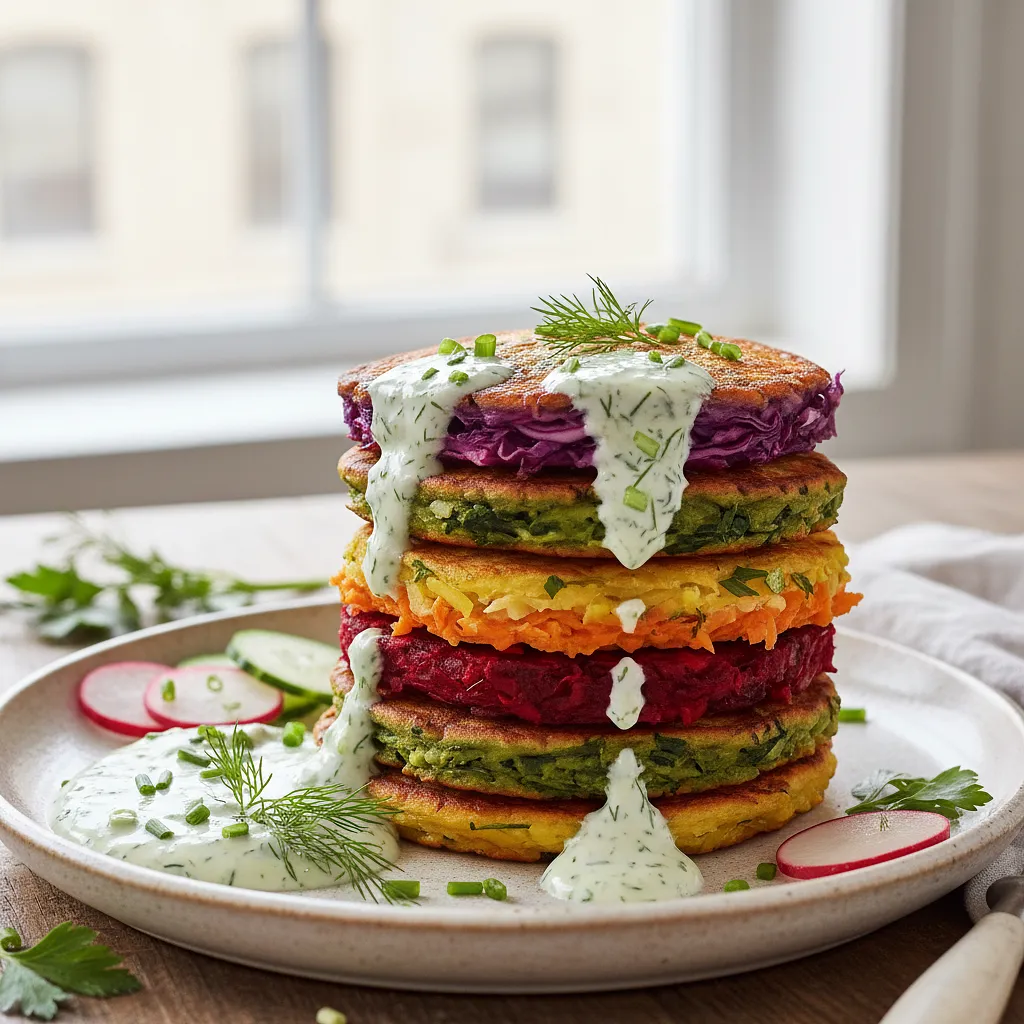 Rainbow Vegetable Pancakes with Yogurt-Herb Sauce - photo 1