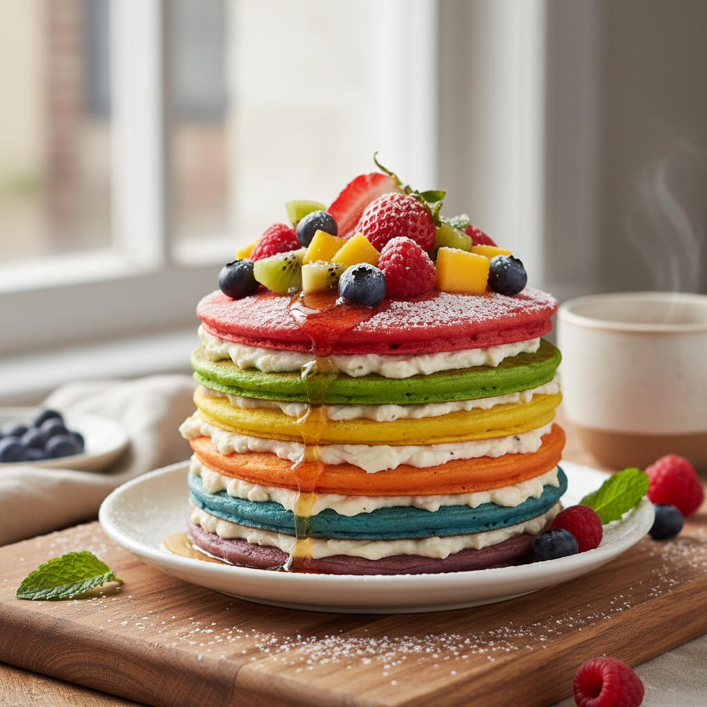 Rainbow Spinach Pancakes with Cottage Cheese Filling and Fruits - photo 1