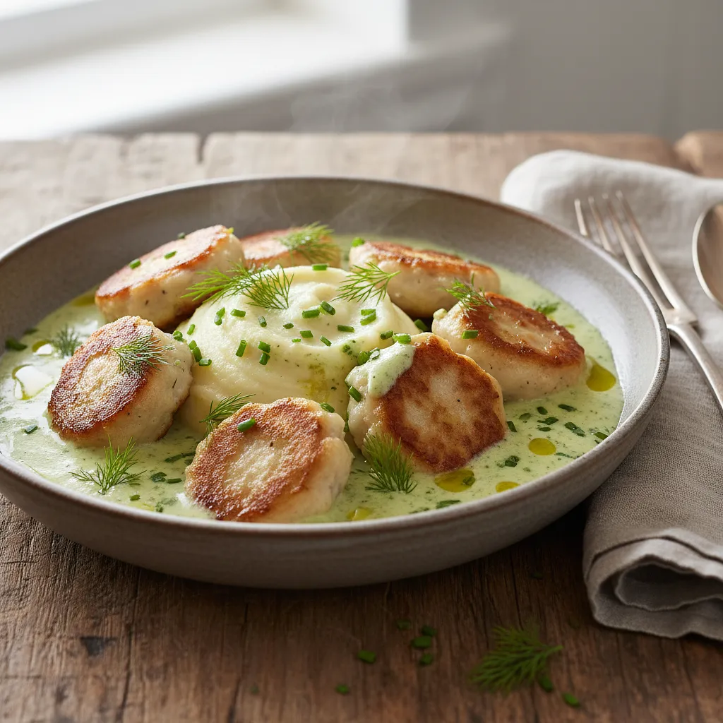 Kashubian Fish Meatballs in Horseradish-Dill Sauce on Parsley Purée - photo 1