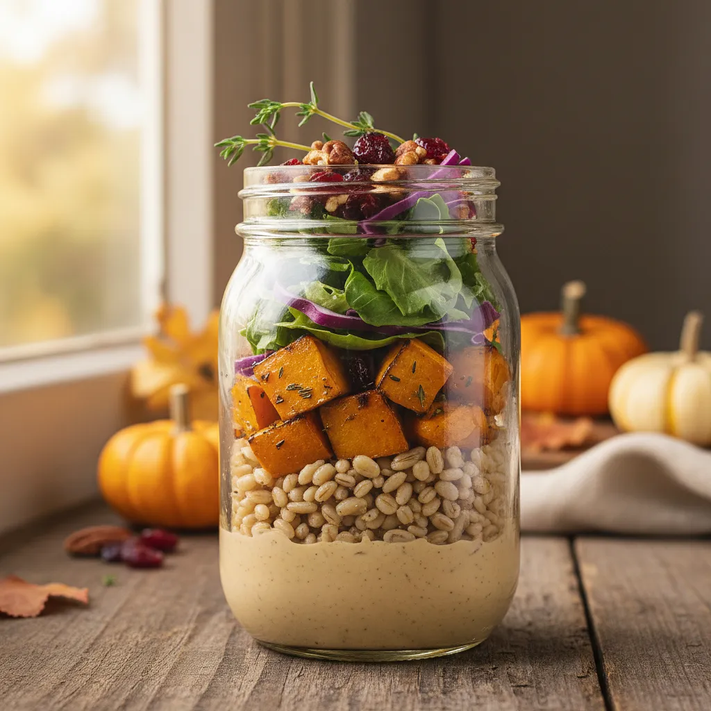 Autumn Jar Salad with Roasted Pumpkin, Spelt Groats, and Tahini Dressing - photo 1