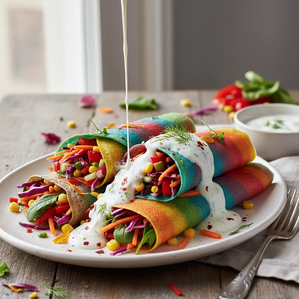 Rainbow Pancakes with Vegetable Filling and Yogurt Sauce - photo 1