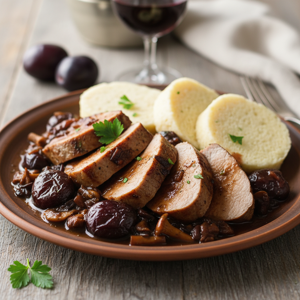 Czech Pork Tenderloin with Plums in Mushroom Sauce with Bread Dumplings - photo 1