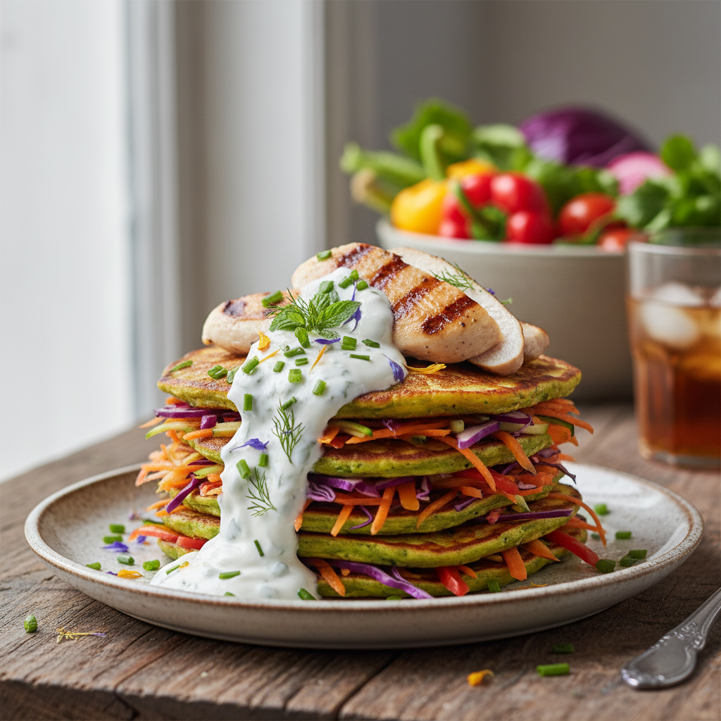 Rainbow Vegetable Pancakes with Chicken and Yogurt Sauce - photo 1