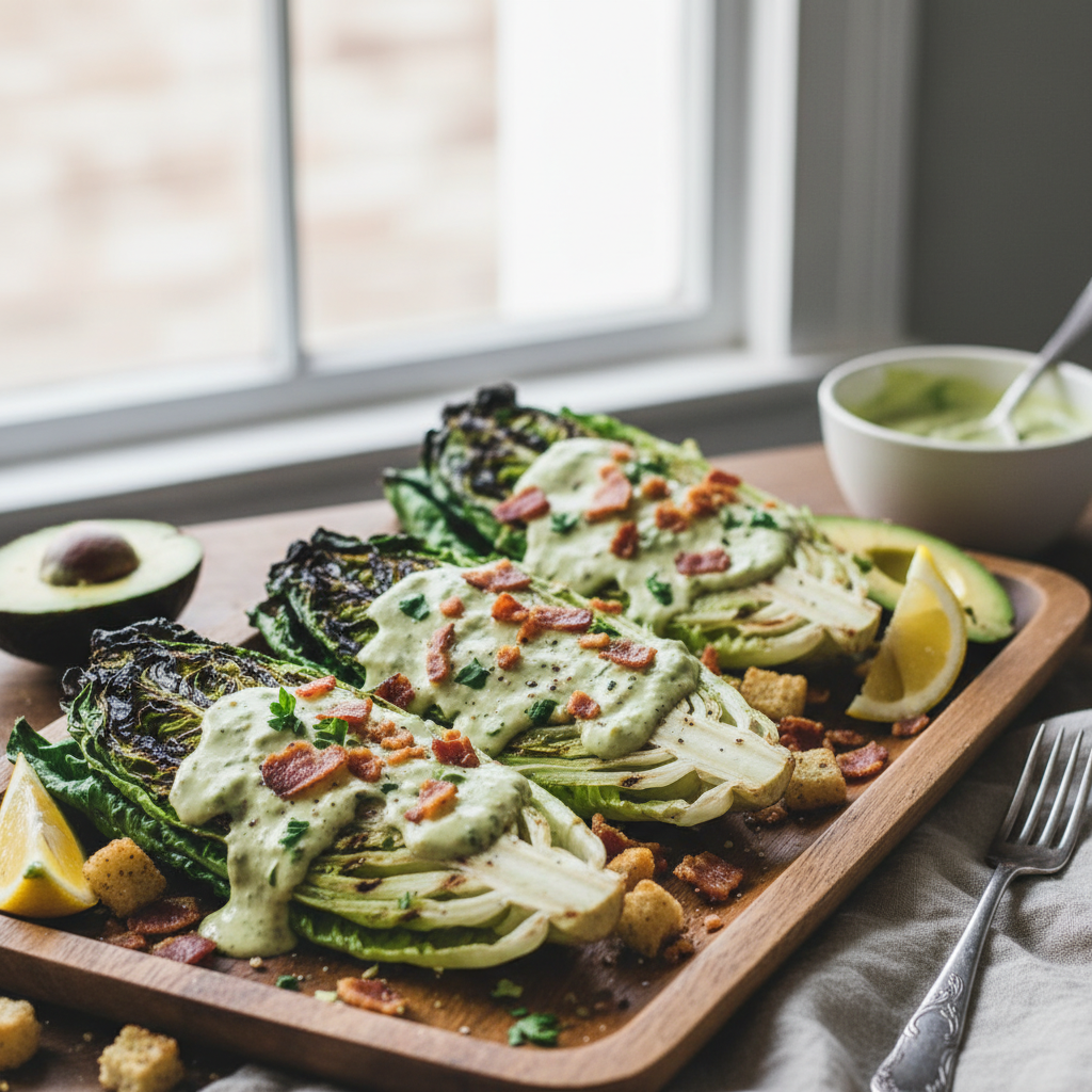 Grilled romaine lettuce hearts with creamy avocado Caesar dressing and crispy bacon - photo 1