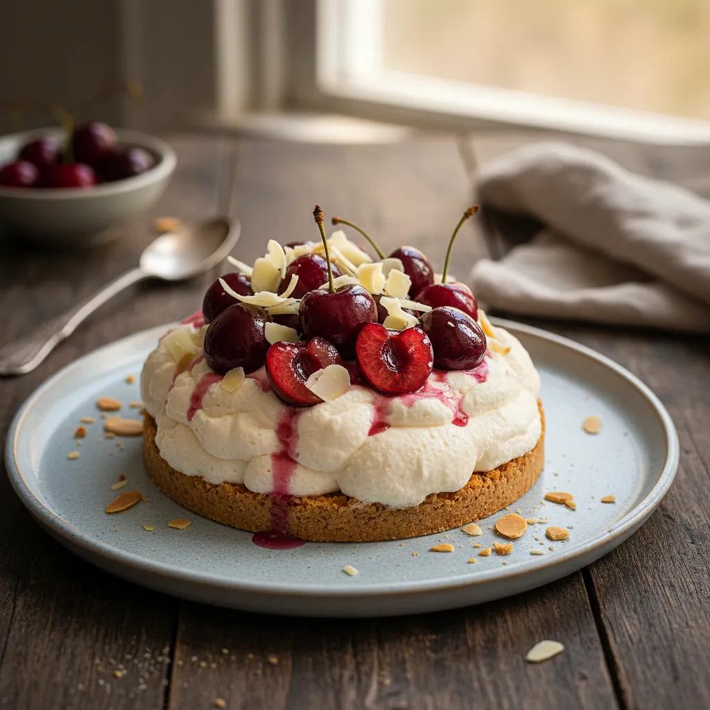 Velvety Cloud with Cherries and White Chocolate on an Almond Base - photo 1