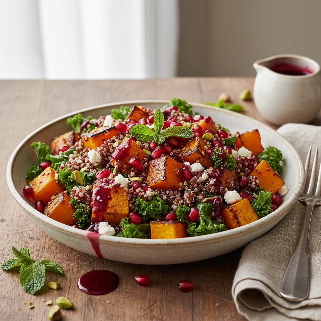 Warm salad with roasted butternut squash, quinoa, and pomegranate vinaigrette - photo 1