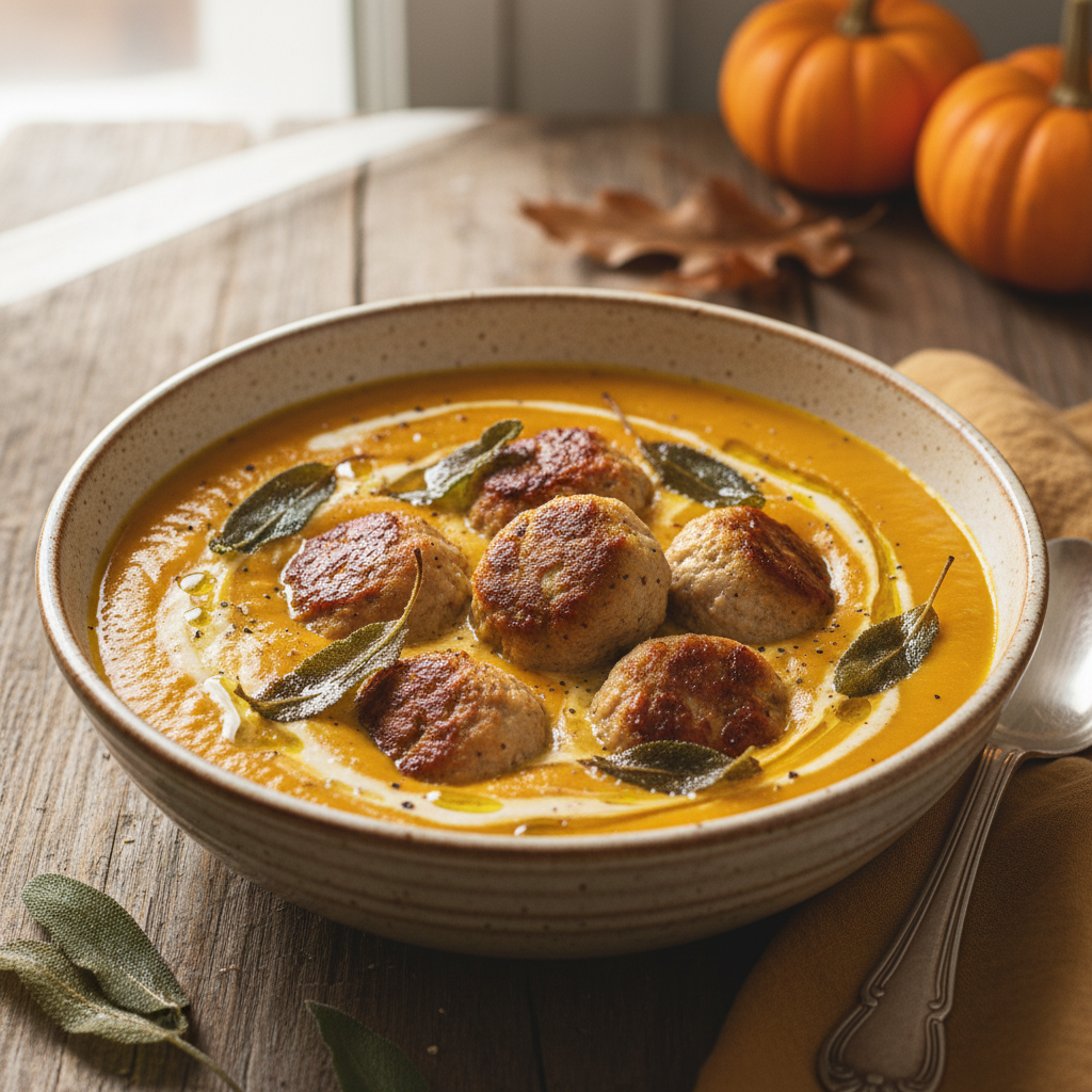 Kremowa zupa dyniowa z pieczonymi klopsikami z indyka i chrupiącą szałwią - photo 1
