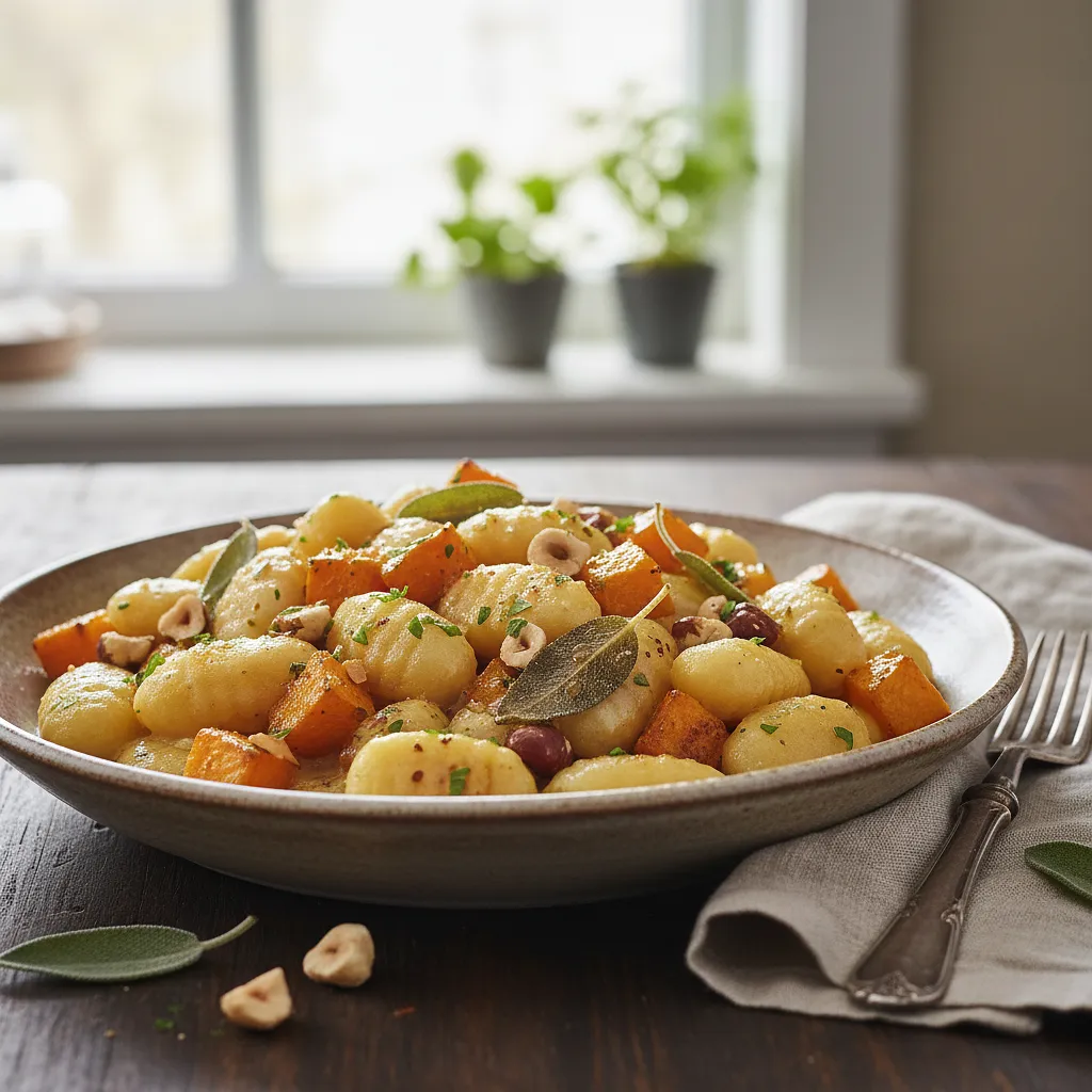 Kremowe gnocchi z palonym masłem szałwiowym, pieczoną dynią i chrupiącymi orzechami laskowymi - zdjęcie 1