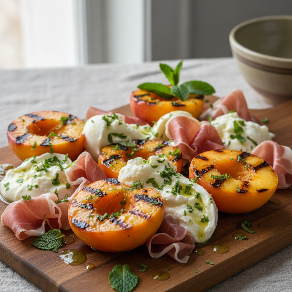 Grilled peaches with burrata, prosciutto, and mint vinaigrette - photo 1