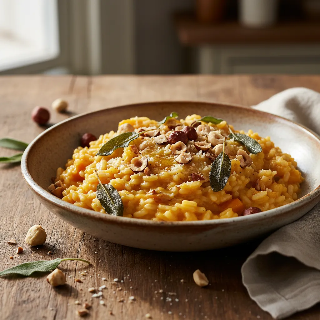 Creamy pumpkin risotto with sage butter and toasted hazelnuts - photo 1
