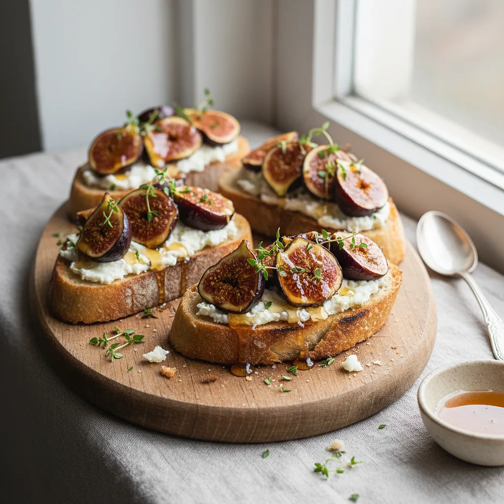 Baked figs with goat cheese, honey, and thyme on crispy toast - photo 1