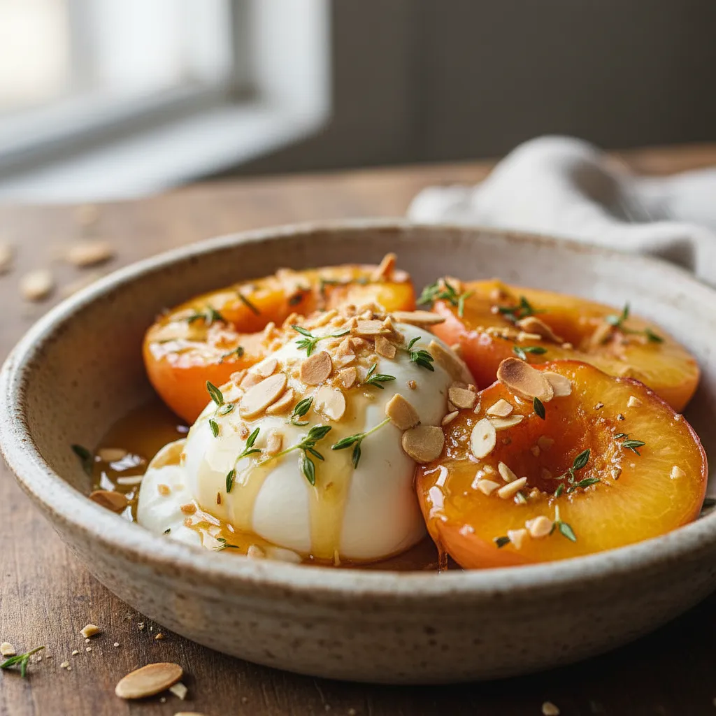 Pieczone brzoskwinie z burratą, miodem tymiankowym i prażonymi migdałami - photo 1